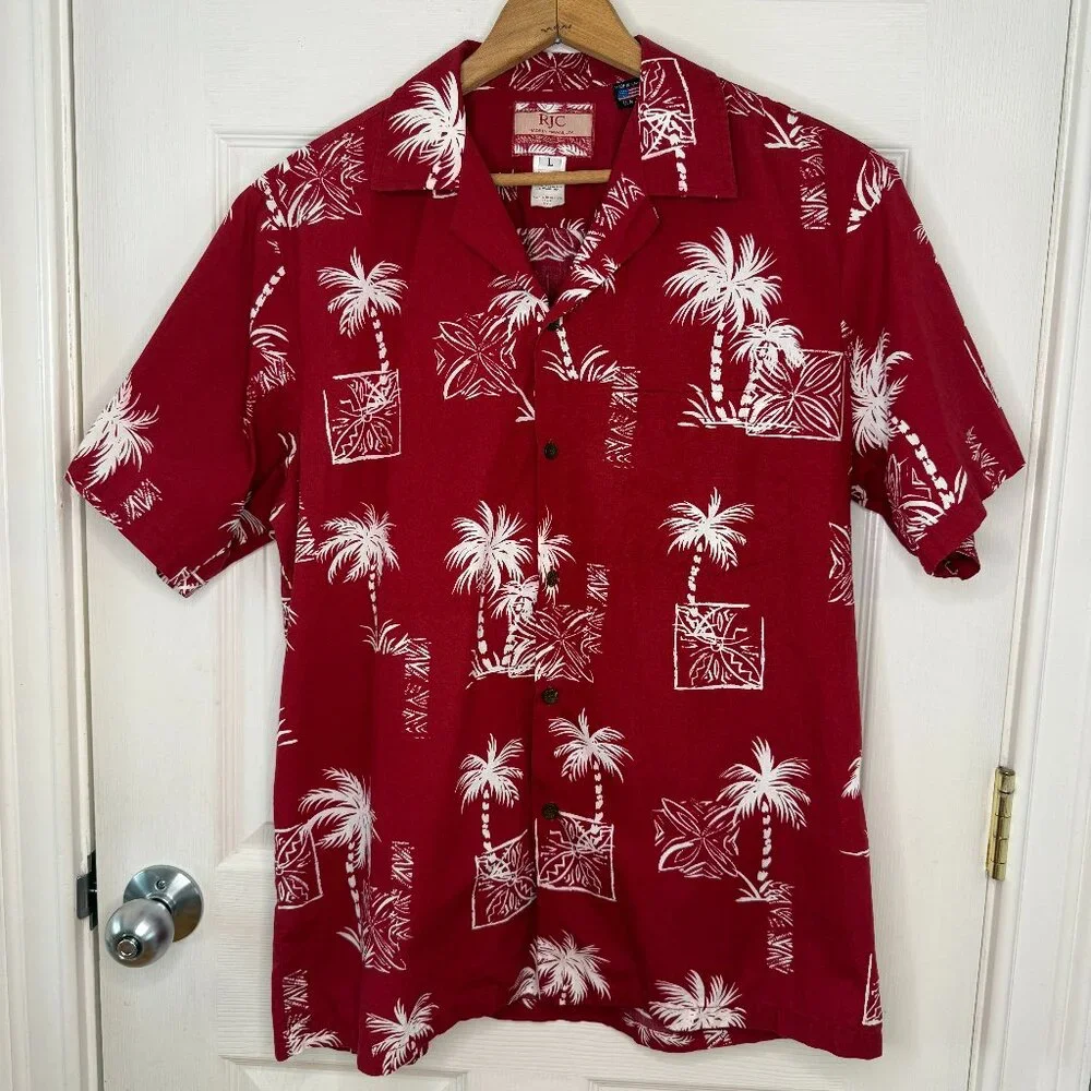 Vintage RJC Hawaiian Coconut Tree Cotton Shirt Made in Hawaii USA Size Large